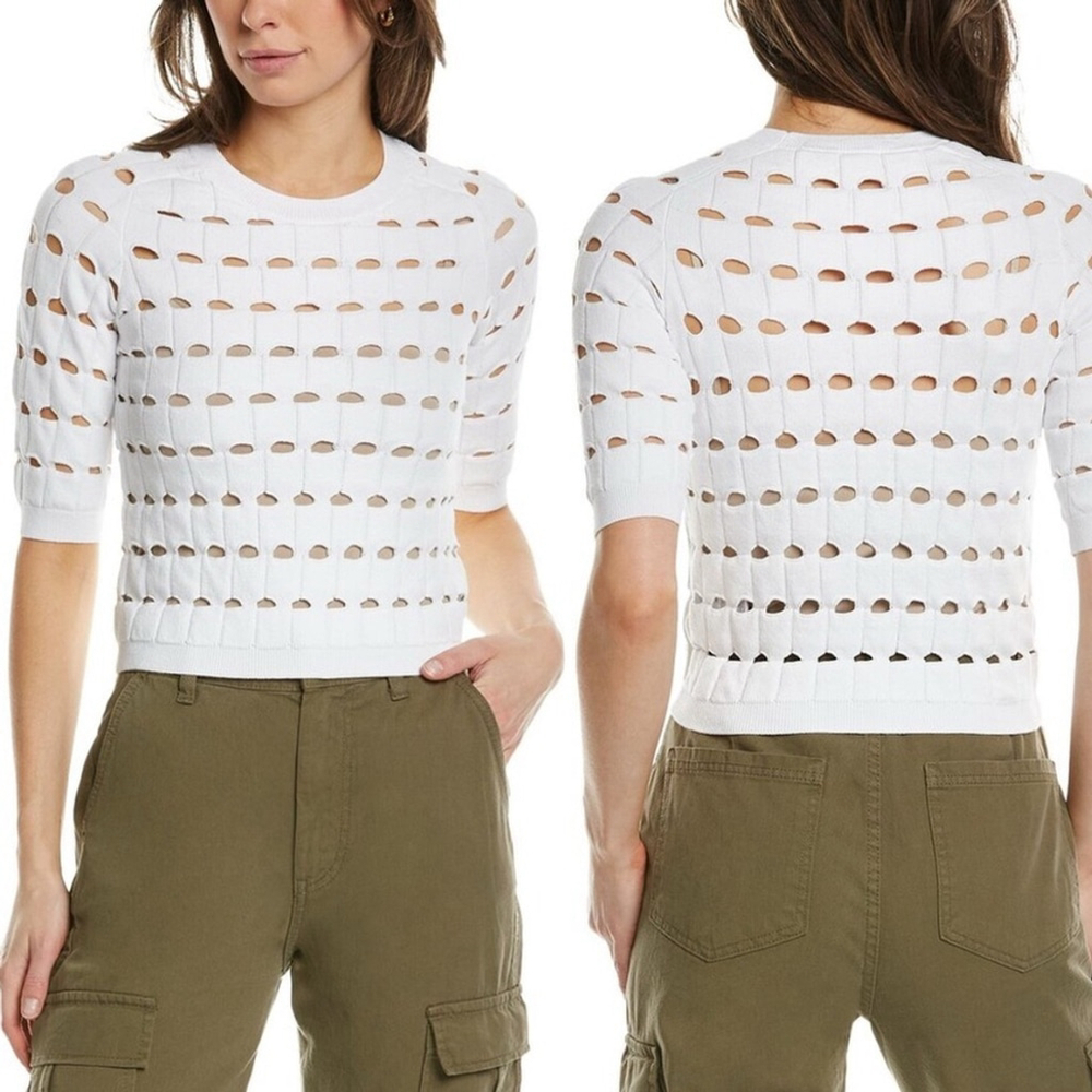 Iro Women's White Sabil Knit Openwork Pullover Sweater Cutout Short Sleeve